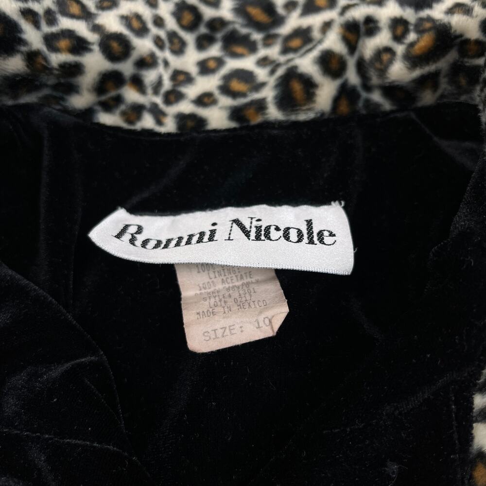 Vintage 90s Ronni Nicole Leopard Trim Black Velvet Shirt Dress Sz 10 - Picture 3 of 6